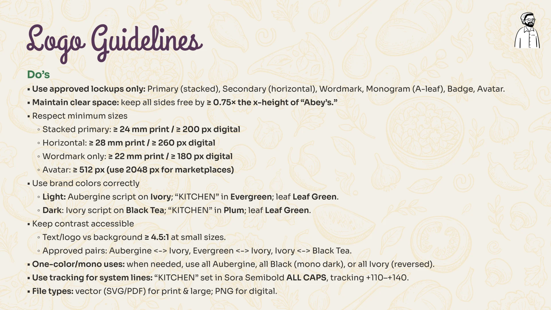 Brand handbook logo guidelines with approved lockups, clear space, minimum sizes, colours and accessibility rules