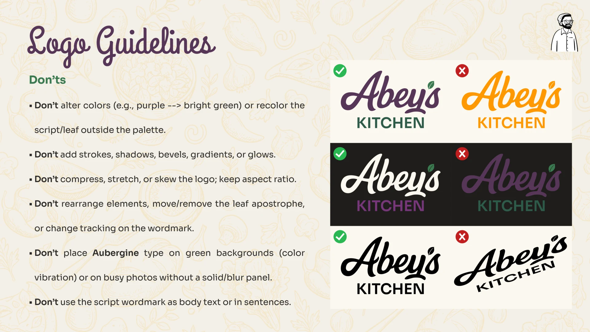 Brand handbook logo misuse examples and prohibited treatments