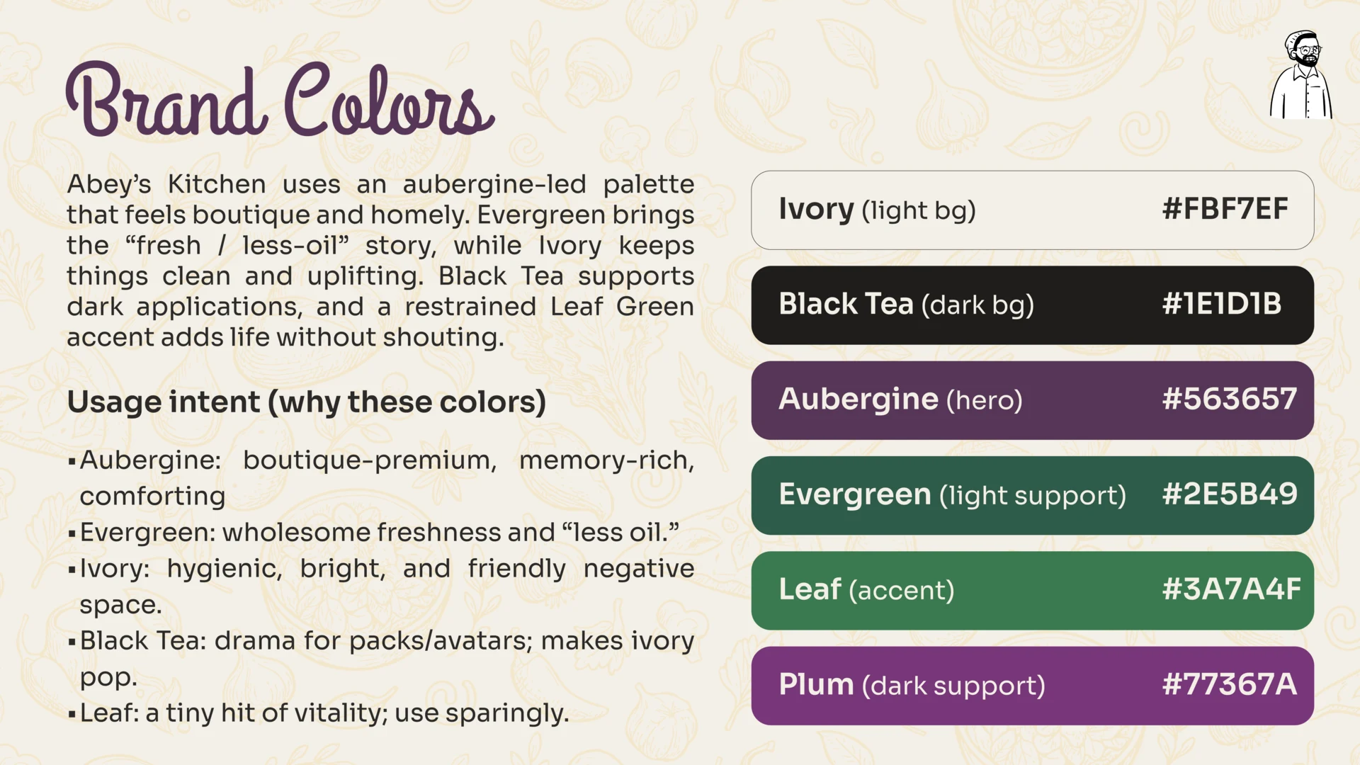 Brand colour page with Ivory, Black Tea, Aubergine, Evergreen, Leaf and Plum colour values