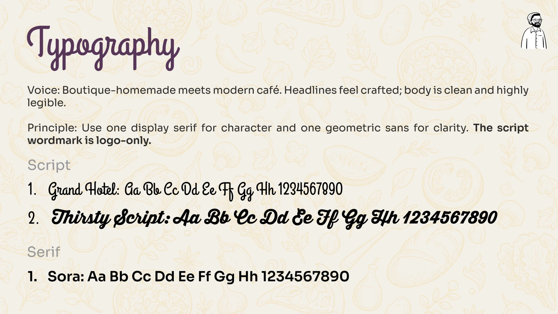 Typography page showing Grand Hotel, Thirsty Script and Sora type choices