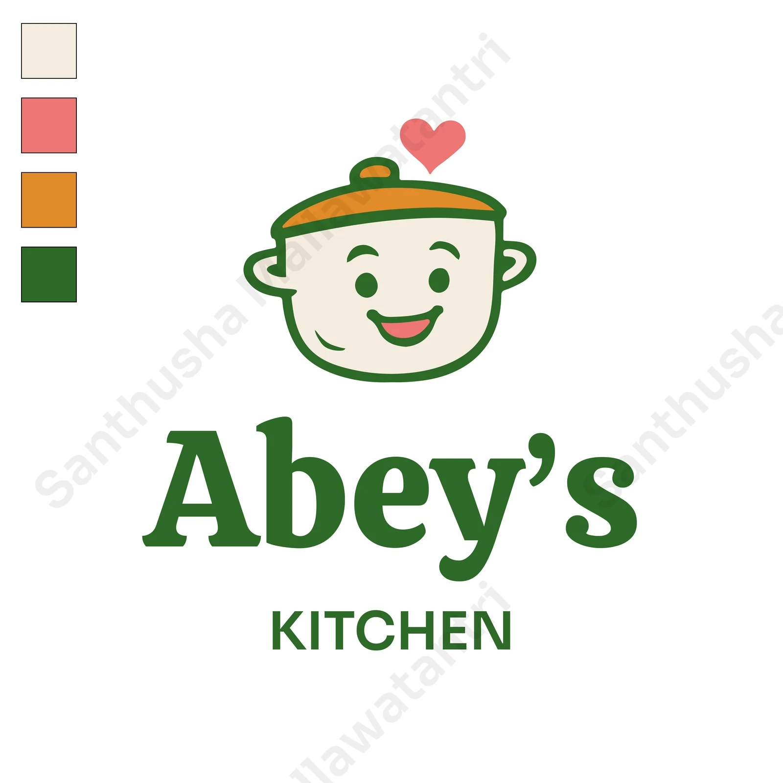 Early logo direction featuring a friendly illustrated cooking pot and green wordmark