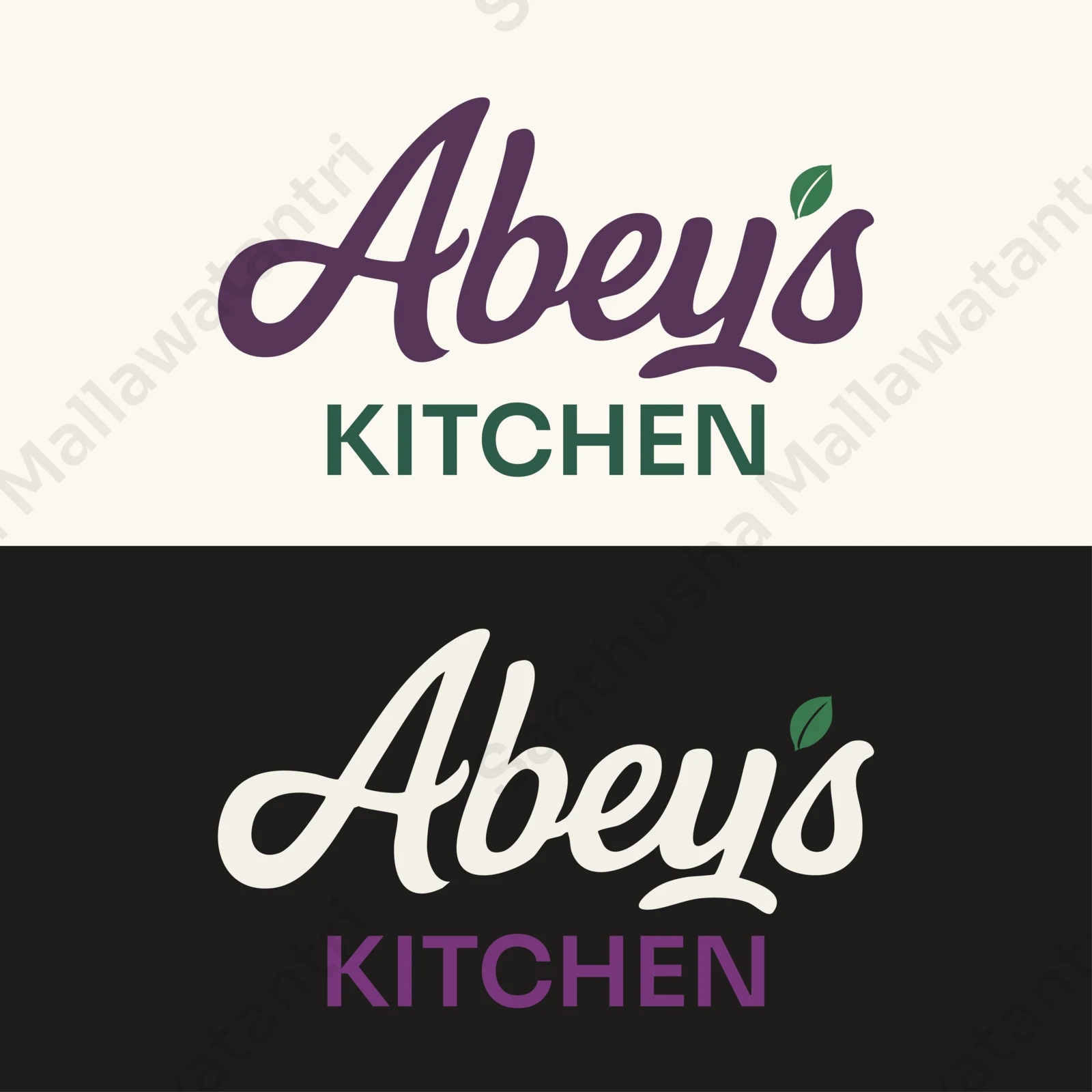 Aubergine and evergreen script wordmark explored on light and dark backgrounds