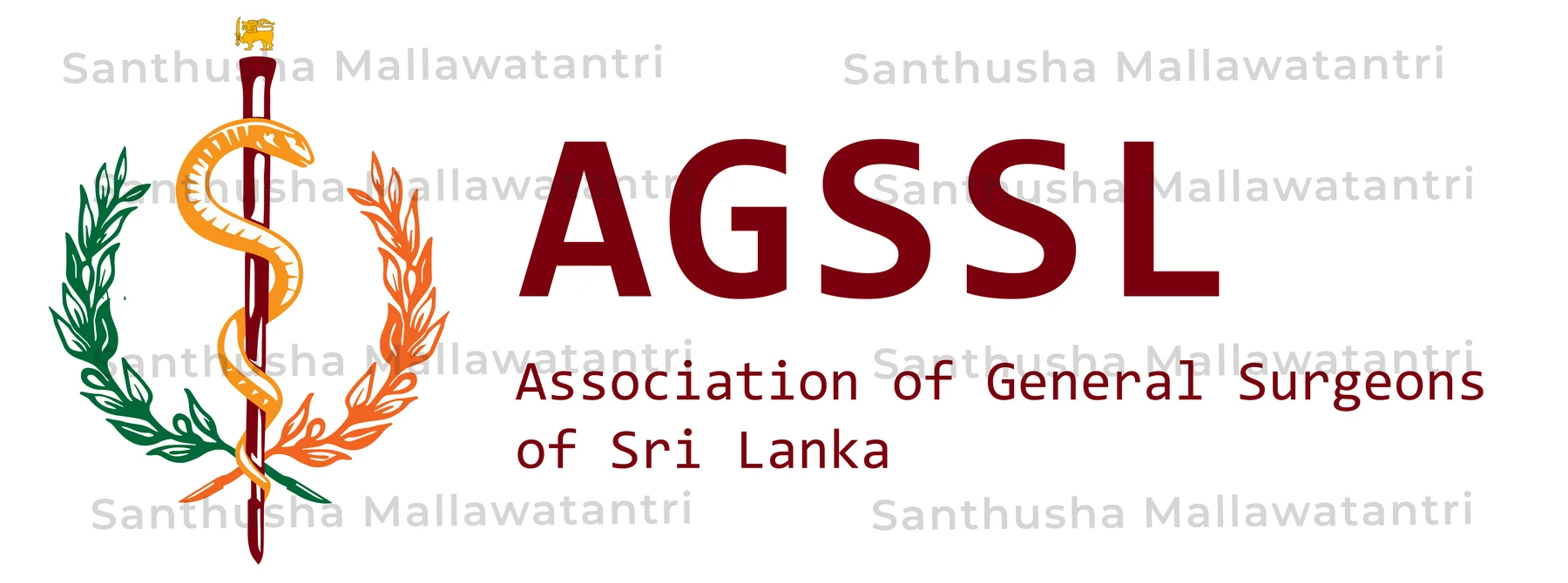 Early horizontal AGSSL identity exploration using maroon, orange and green inspired by Sri Lankan colours, shown with the designer's archival watermark.