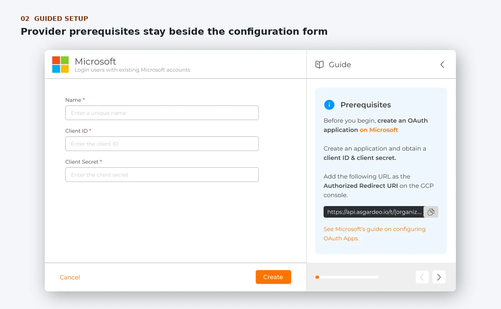Microsoft connection form beside a persistent prerequisites guide and redirect URI