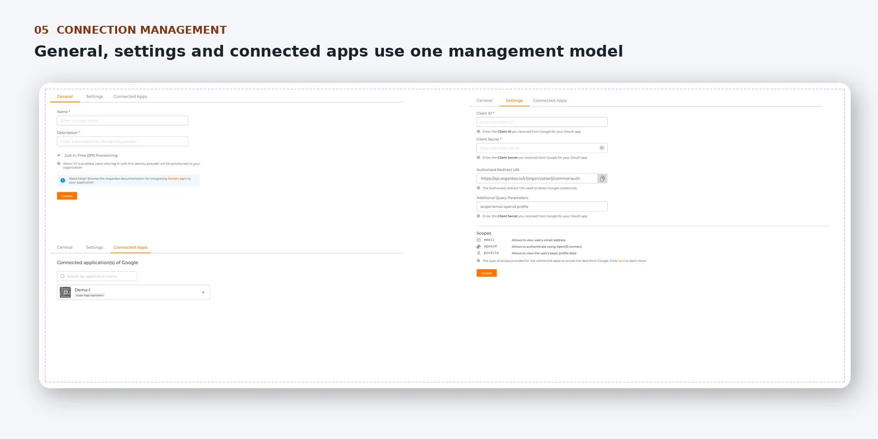 Connection management screens with General, Settings and Connected Apps tabs
