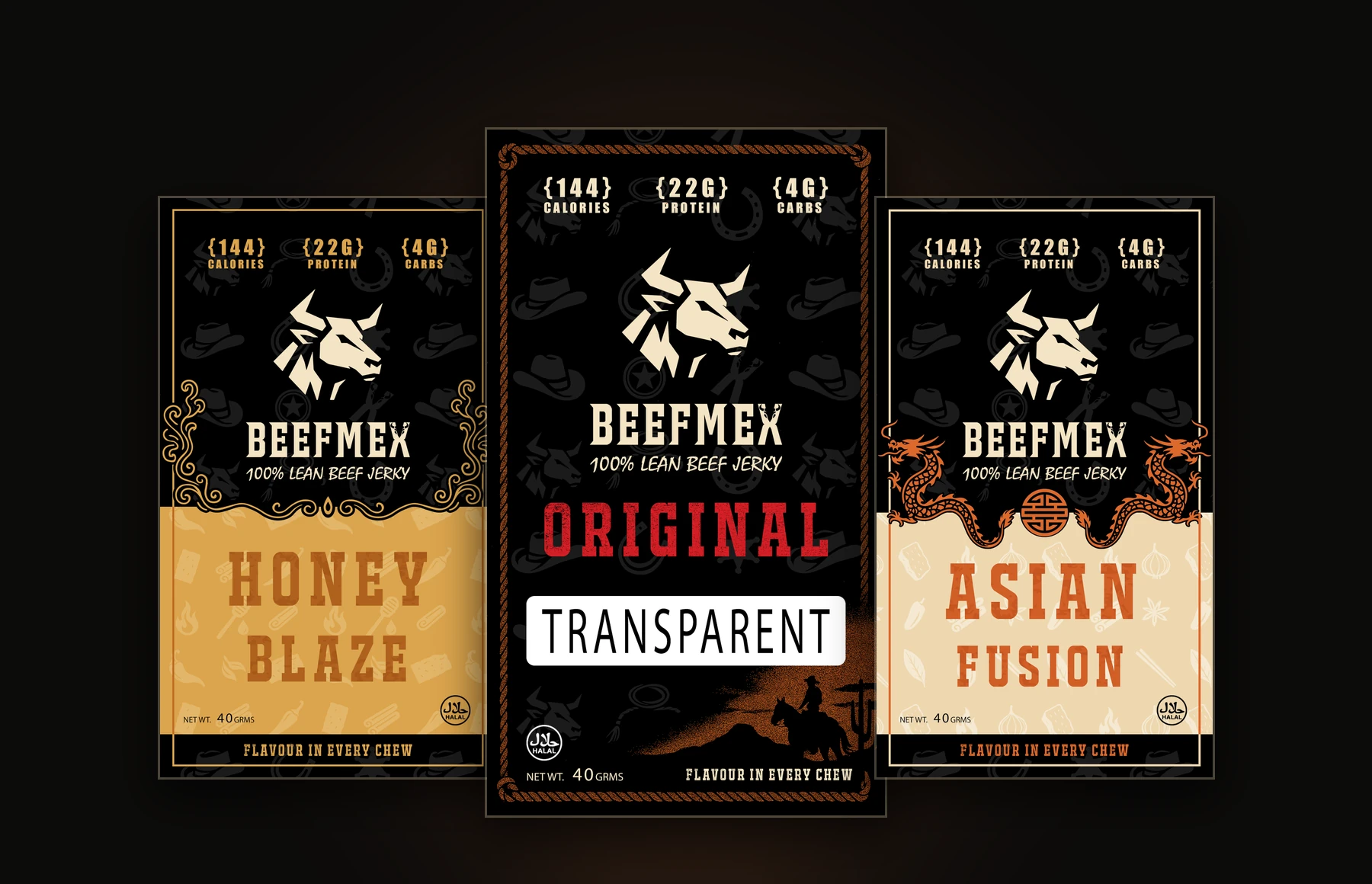 The supplied Original, Honey Blaze and Asian Fusion fronts arranged together as one BeefMex family.