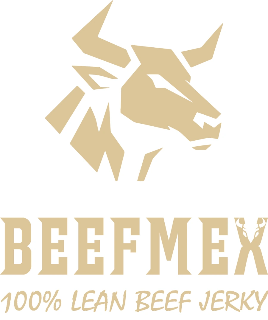 The supplied stacked gold BeefMex identity with bull mark, wordmark and lean beef jerky descriptor.