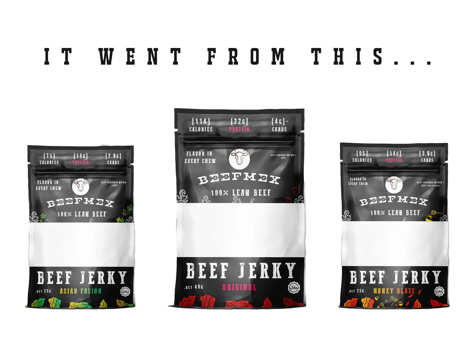 The earlier BeefMex packaging family with three black pouches and inconsistent flavour treatment.