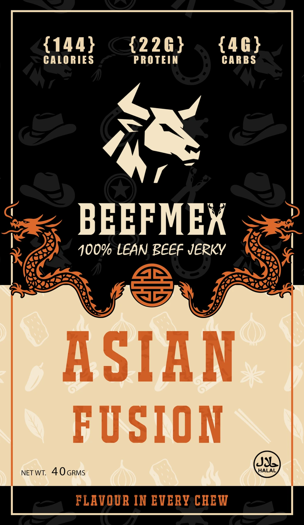 The supplied Asian Fusion BeefMex pouch front with cream and orange colouring and dragon ornament.