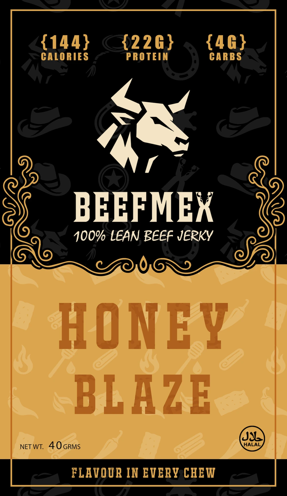 The supplied Honey Blaze BeefMex pouch front with a warm gold flavour panel and ornamental border.