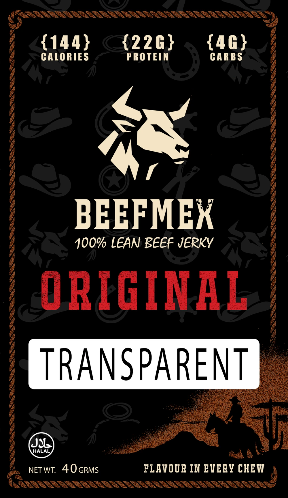 The supplied Original BeefMex pouch front showing nutrition proof, bull mark, wordmark, product descriptor, flavour and trust cues.