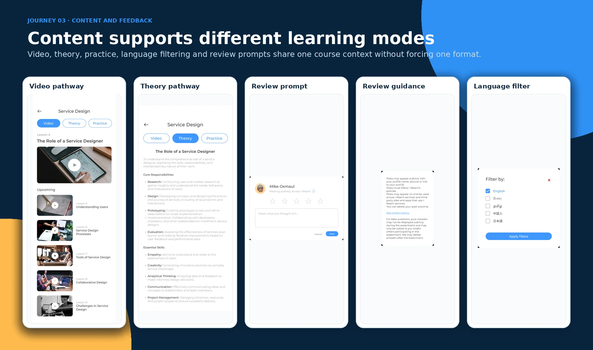 Video, theory, review and language-filter states.