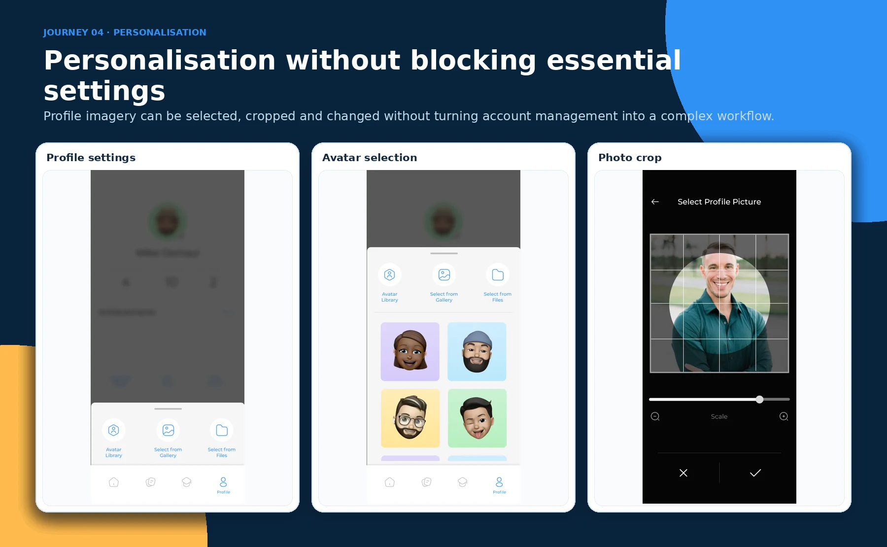 Profile settings, avatar selection and photo-cropping screens.