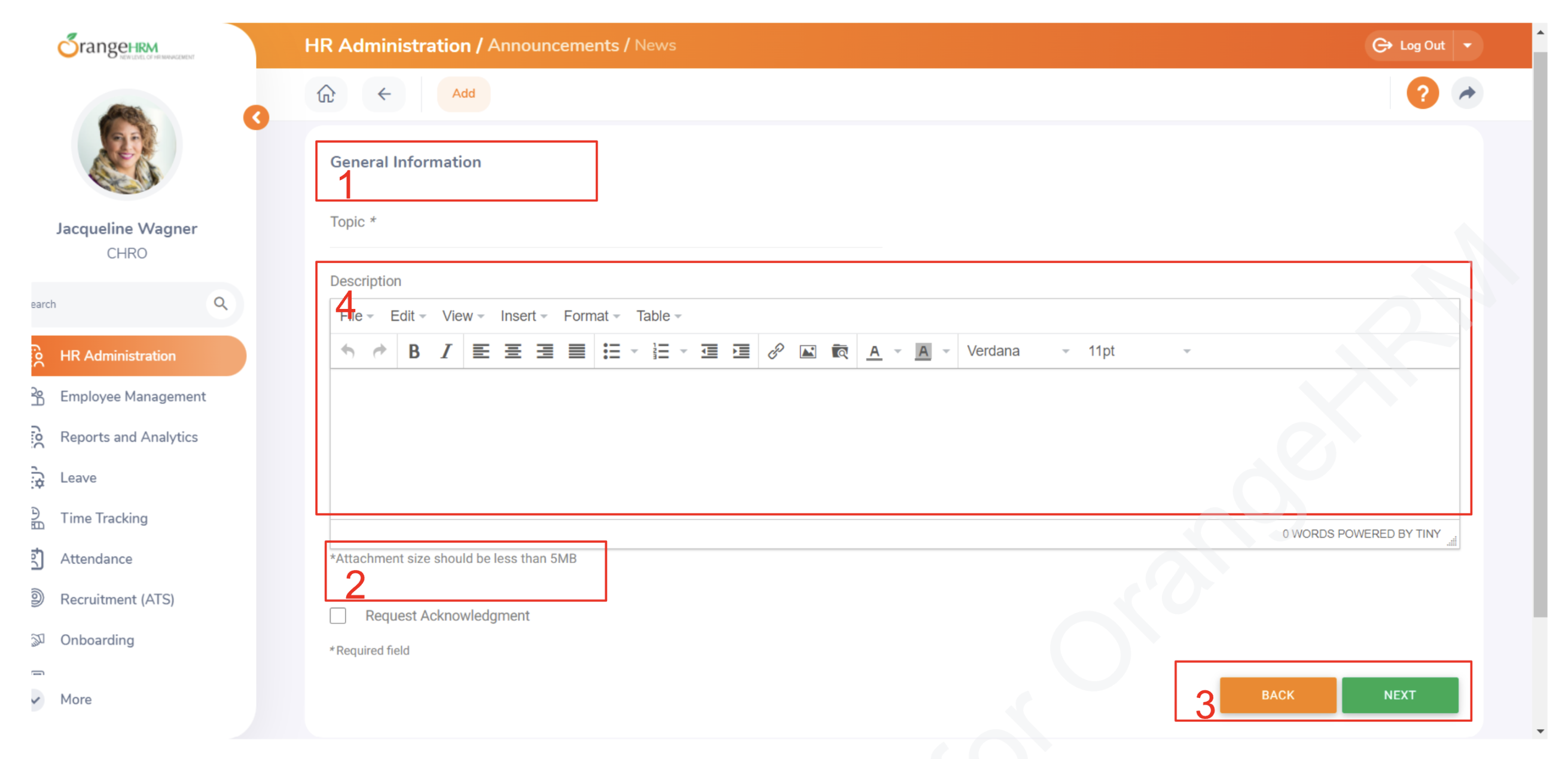 Original OrangeHRM Add News page annotated with writing, attachments, buttons and layout issues