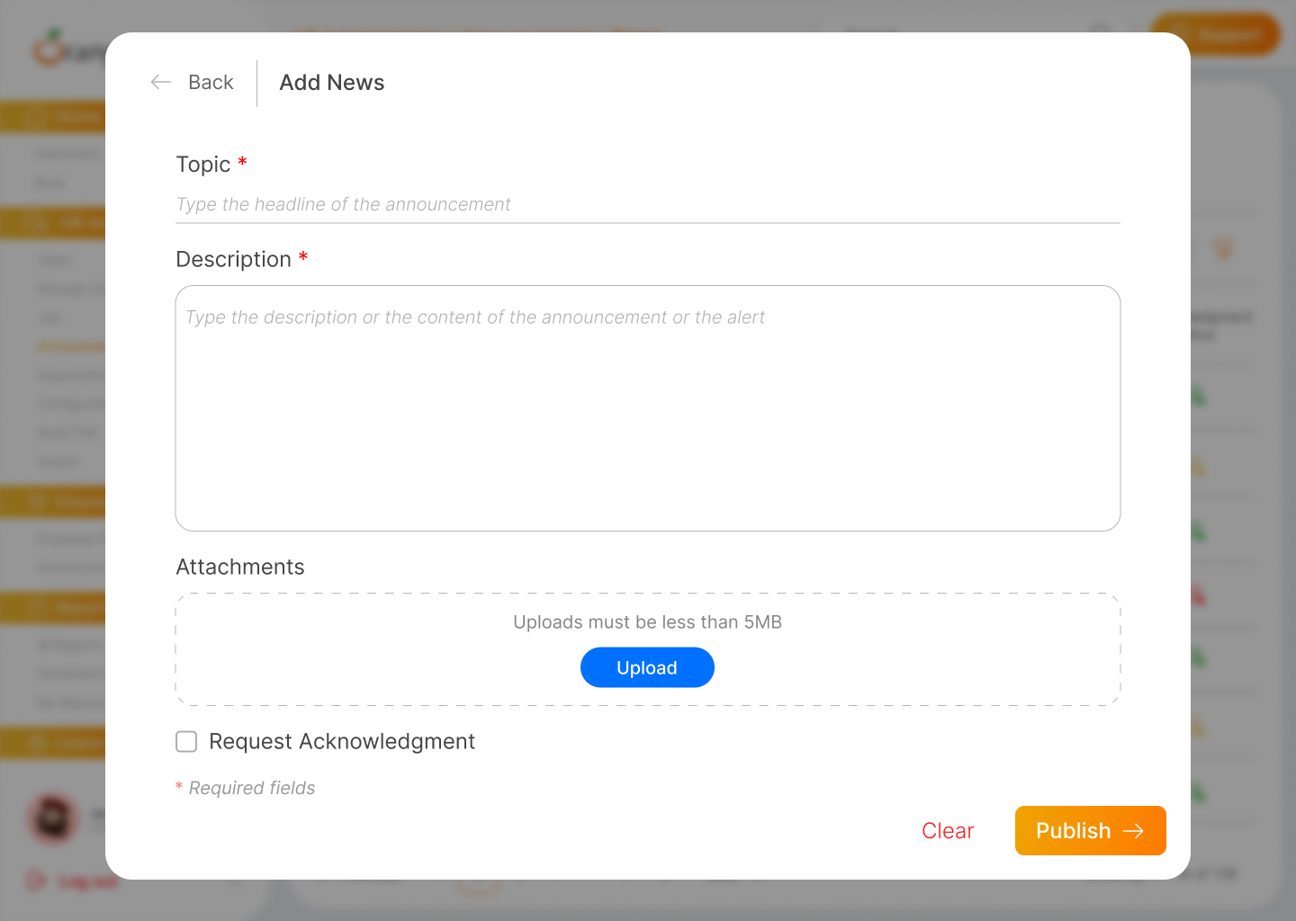 Redesigned Add News modal with topic, description, upload, acknowledgement and clear publishing actions