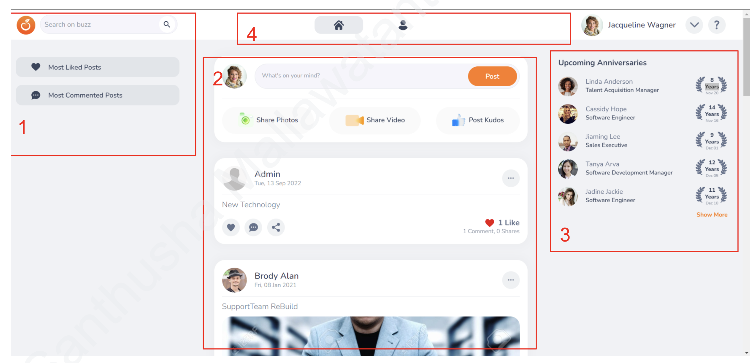 Original OrangeHRM Buzz page annotated with layout, feed, spacing and navigation issues
