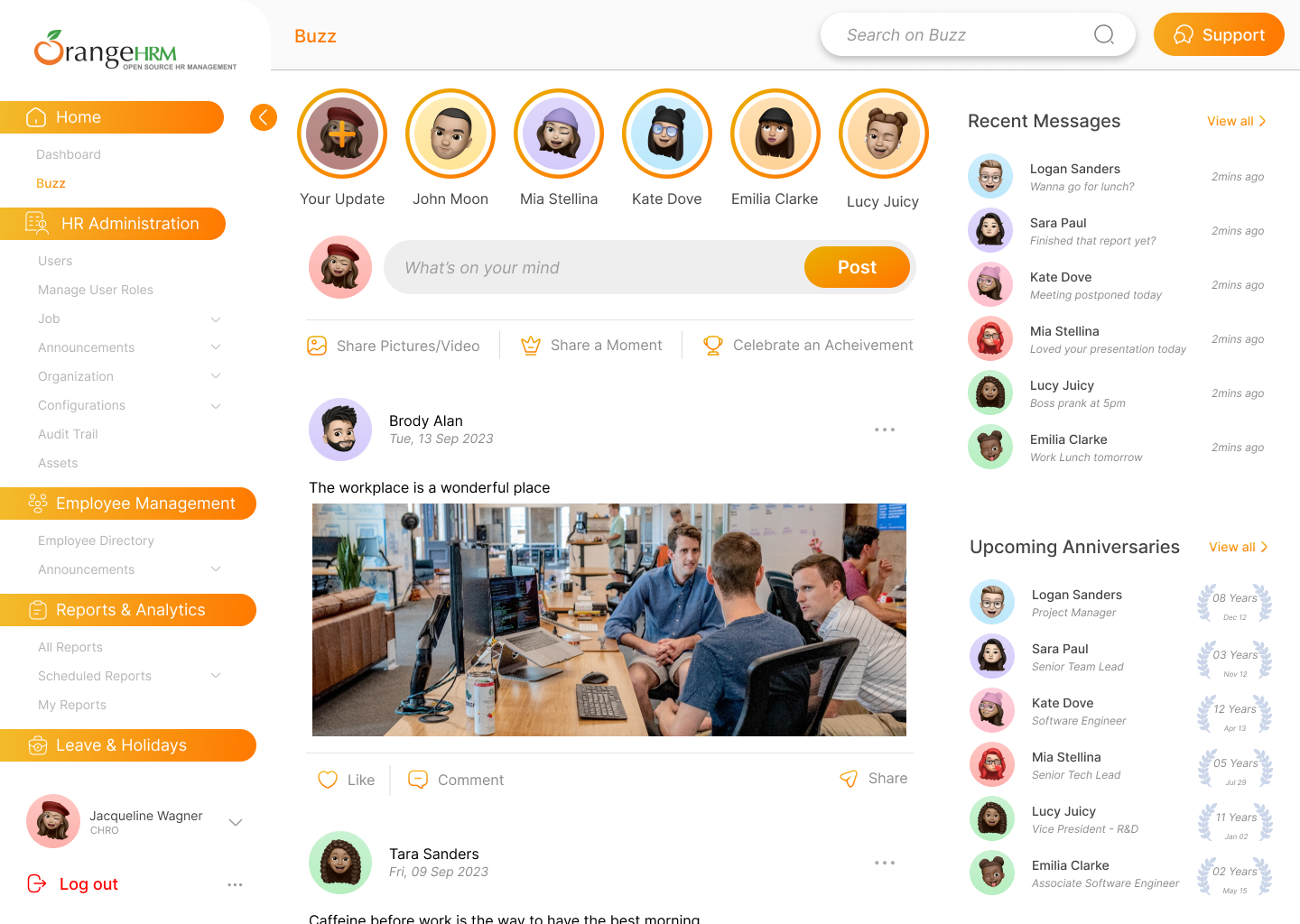 Redesigned OrangeHRM Buzz feed with stories, post composer, workplace feed, recent messages and anniversaries