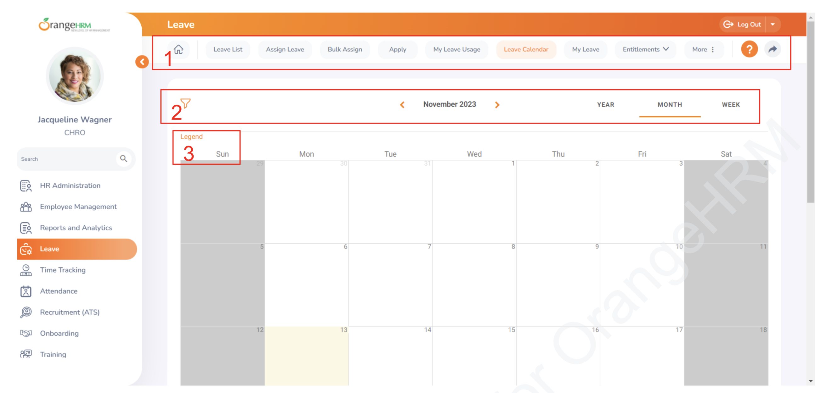 Original OrangeHRM Leave Calendar annotated with cluttered navigation, filter and legend issues