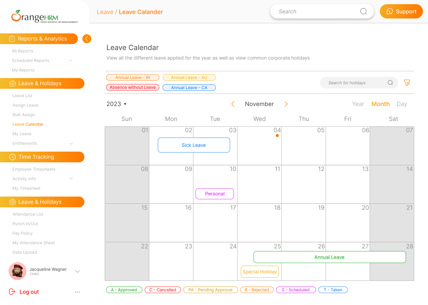 Redesigned OrangeHRM Leave Calendar with category chips, search, time navigation, multi-day leave and status legend