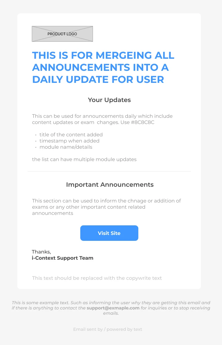 Daily update and important announcement email with structured sections and Visit Site action