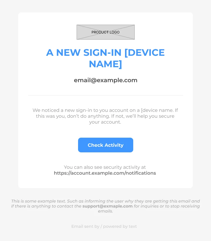 Security notification email for a new device sign-in with account identifier and Check Activity button
