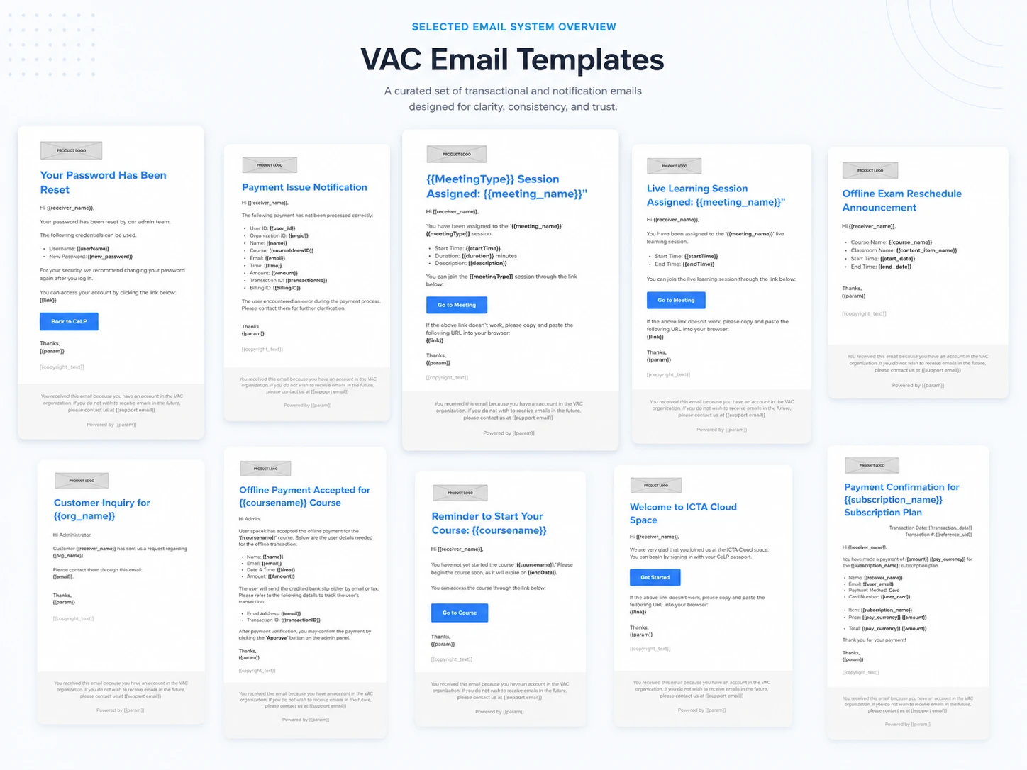 Curated overview showing ten selected VAC email templates arranged in two balanced rows on a light portfolio presentation canvas