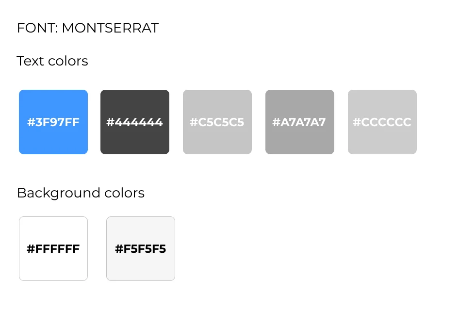 Email template design key specifying Montserrat and the blue and grey colour palette