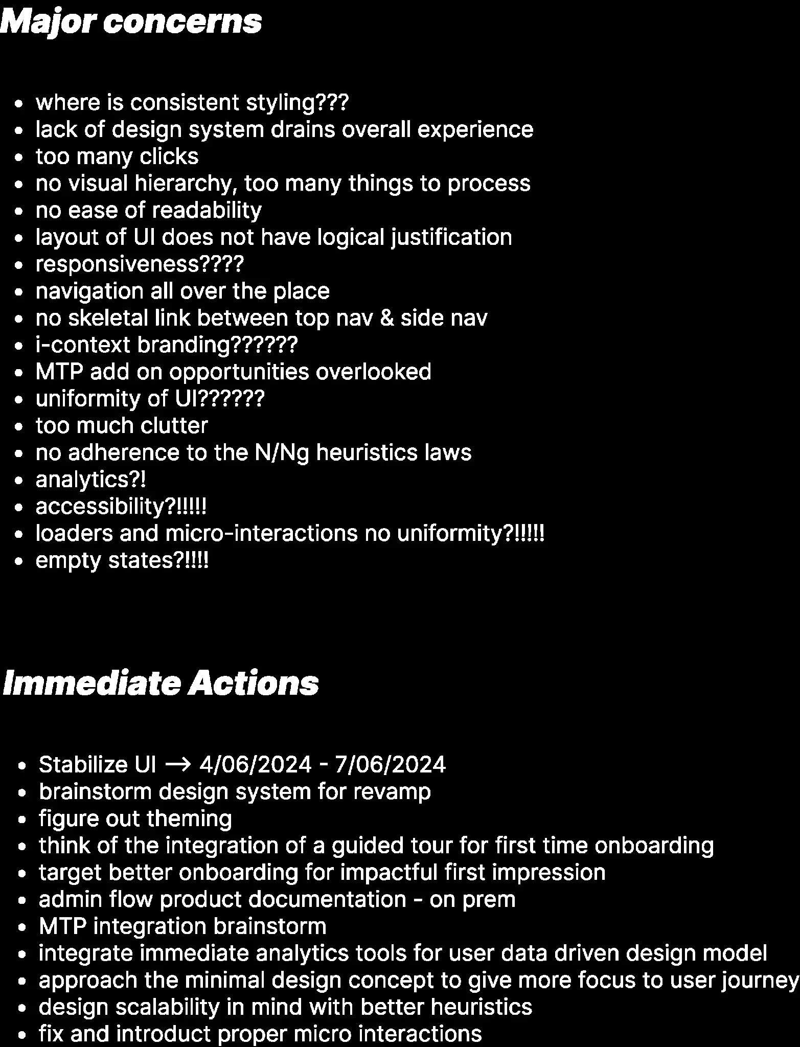 VAC audit summary listing major concerns including inconsistent styling, excessive clicks, weak hierarchy, readability, navigation, accessibility, empty states and missing micro-interactions