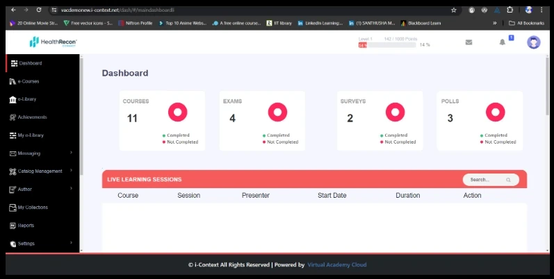 Original VAC dashboard with dense summary tiles, fragmented navigation and an unfinished live sessions area