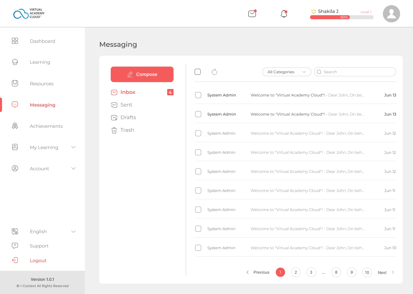 Stabilised VAC mailbox with compose, inbox, sent, drafts, trash, search and message-list patterns