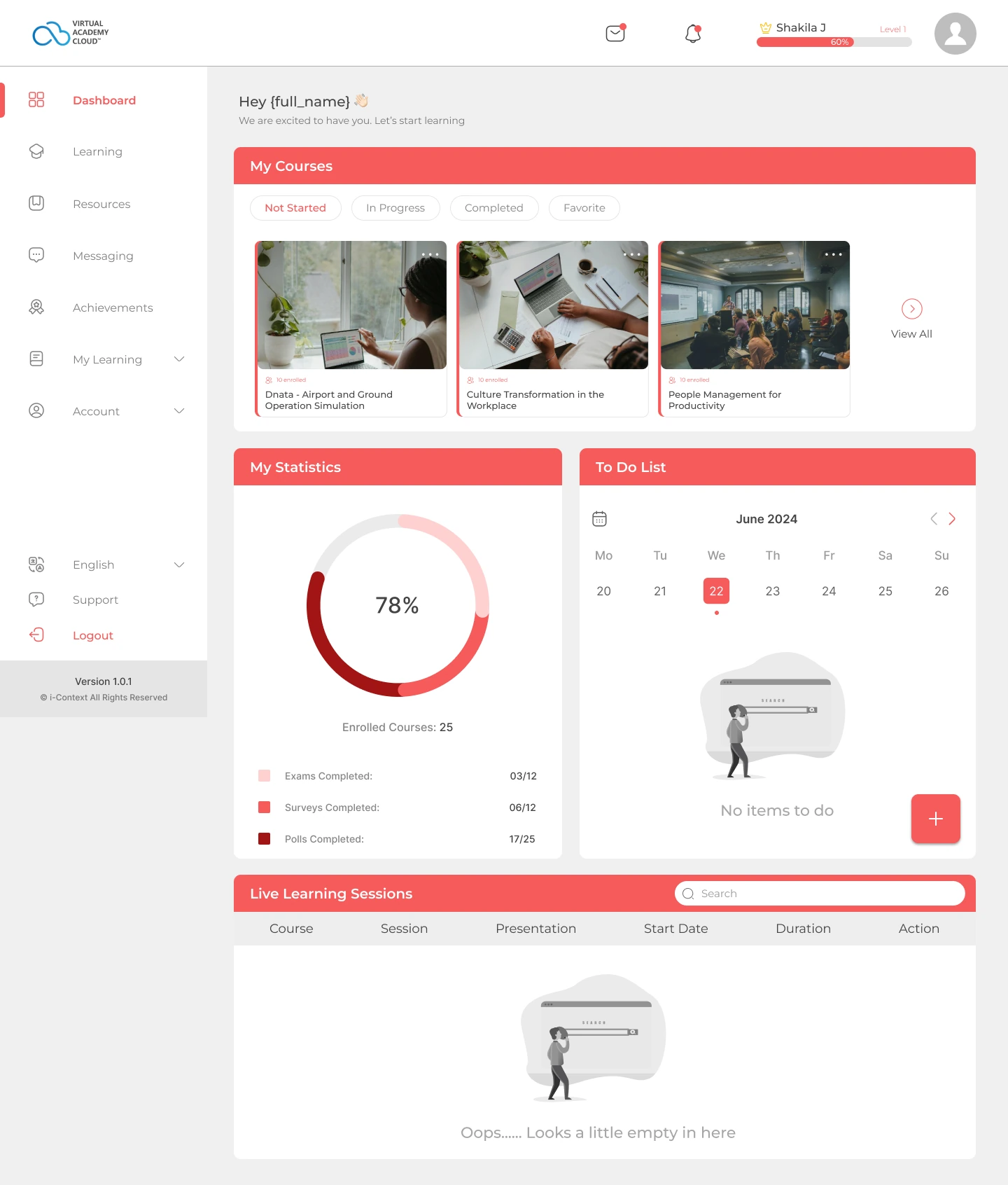 Stabilised VAC learner dashboard with course filters, course cards, progress statistics, calendar and designed empty states