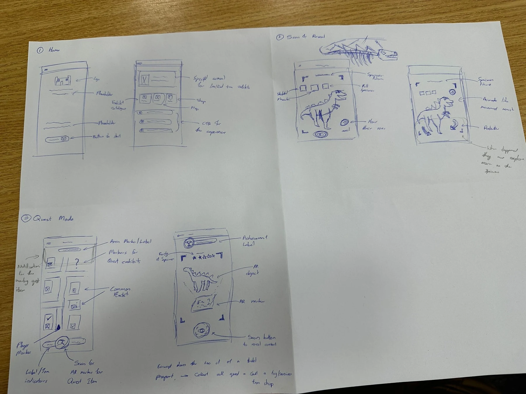 Photograph of early hand-drawn mobile AR concept sketches