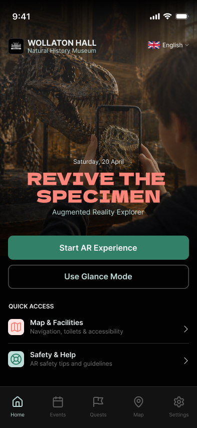 High-fidelity Wollaton Re:vived home screen with Start AR and Glance Mode