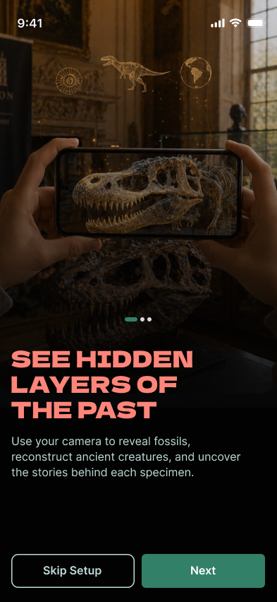 High-fidelity onboarding screen explaining hidden layers of the past