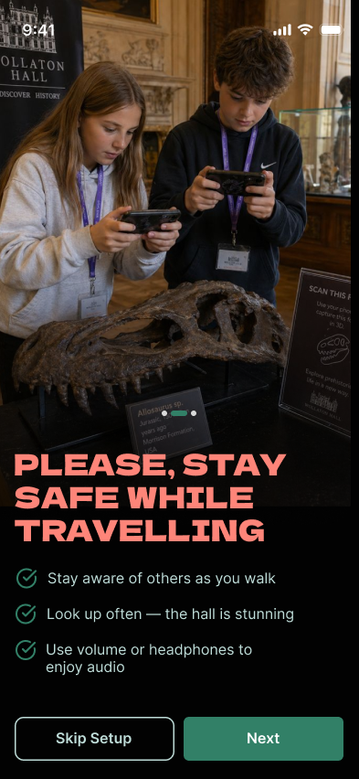 High-fidelity onboarding screen asking visitors to remain stationary while using AR