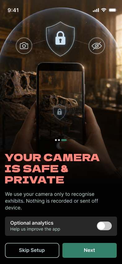 High-fidelity onboarding screen explaining camera privacy and optional analytics