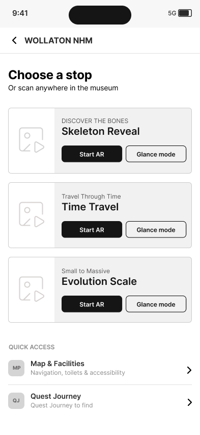 Low-fidelity stop-selection screen with three experiences and quick access cards