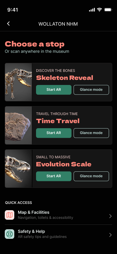 High-fidelity stop-selection screen showing Skeleton Reveal, Time Travel and Evolution Scale