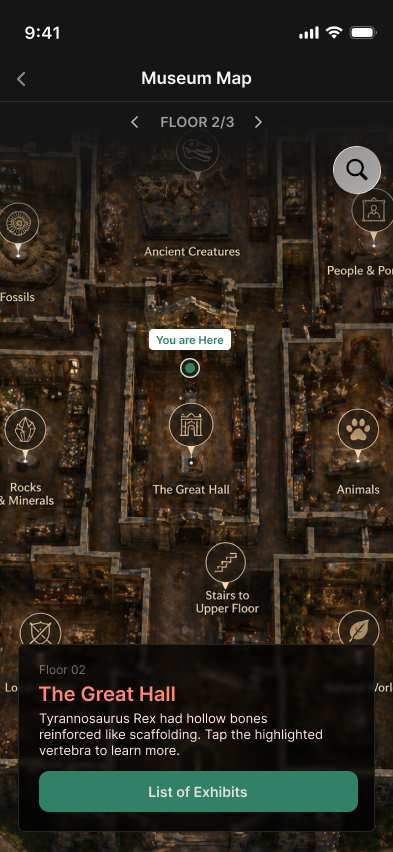 High-fidelity museum map with exhibit markers and a selected fossil exhibit card