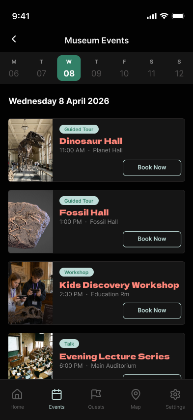 High-fidelity museum events screen with dates and booking actions
