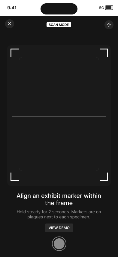 Low-fidelity AR scan interface with a bounded marker area and demo fallback
