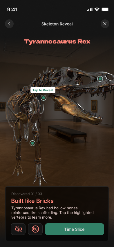 High-fidelity AR reveal screen with anatomical hotspots on a dinosaur specimen