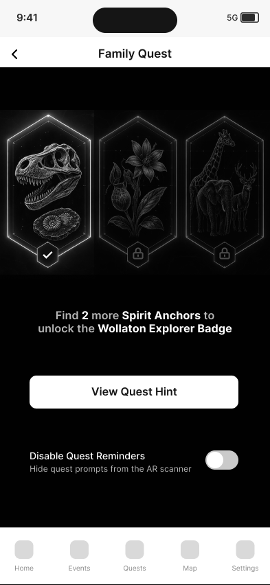 Low-fidelity Family Quest screen with three collectible anchors and reminder controls