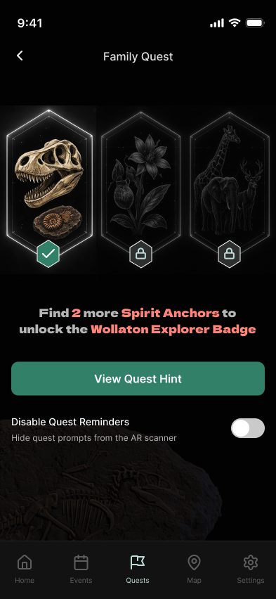 High-fidelity Family Quest screen showing progress and a reminder suppression control