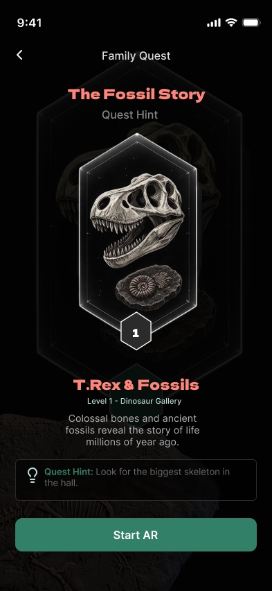High-fidelity quest introduction screen explaining the fossil story challenge