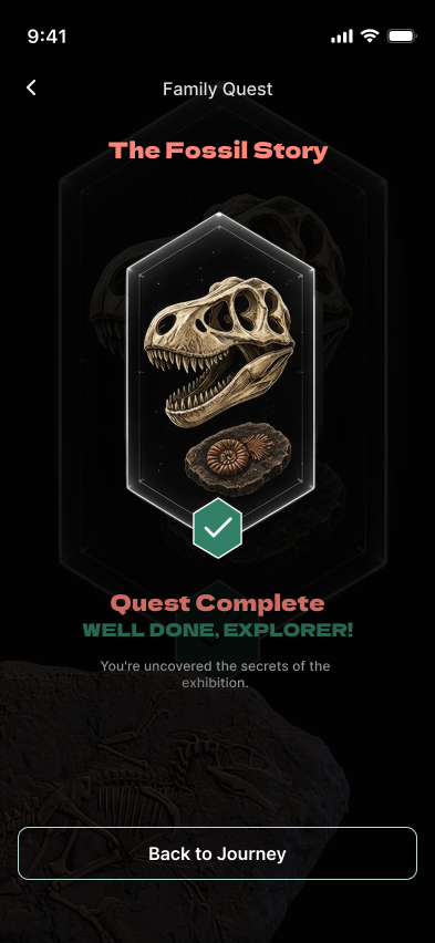 High-fidelity quest-complete screen with the fossil story badge