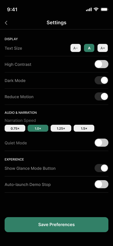High-fidelity settings screen with text size, contrast, dark mode, reduce motion, narration and quiet mode controls